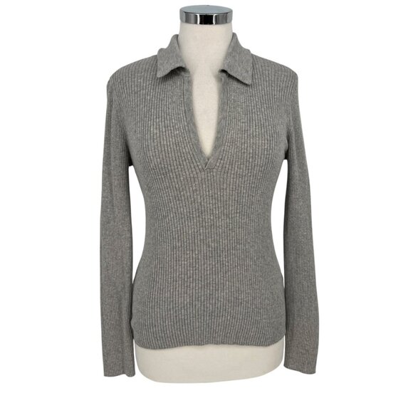 Paige Catarina Ribbed Collared Fitted Sweater Chromium Gray Size Large - Picture 1 of 12